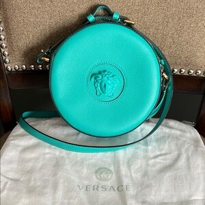 Versace Aqua Blue Teal Medusa Disco Round Shoulder Bag Like New